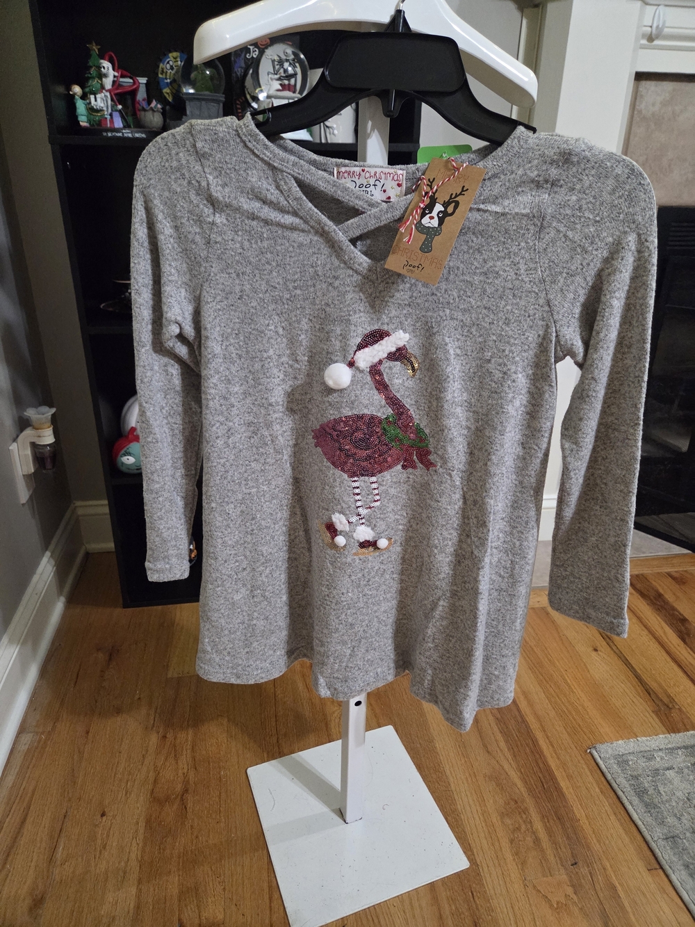 Girls' Gray Holiday Flamingo Sequin Long-Sleeve Top